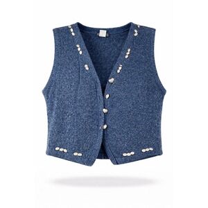 Honors Vintage Blue Knit Studded Vest Womens Medium Ramie Cotton Heart Buttons